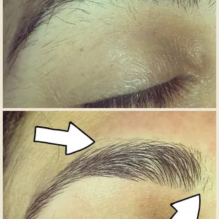 Arrows indicate areas where we are helping client grow out their brows by leaving hair!
