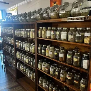 a shelf of jars