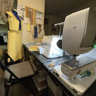 Skirt and overskirt are sewn together. And, my Brother 1034 DX Serger, as well as a crazy sewing area.