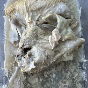 GREYISH TINT BOTH DEFOSTED AND COOKED CHICKEN.  THIS IS COOKED.  I THREW IT OUT.  NOT EVEN GOING TO GIVE IT TO MY PUPS.