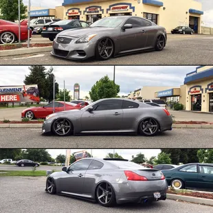 Air bagged Infiniti Q60 we adjusted camber kits and aligned