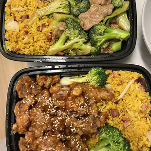 Beef with broccoli and sesame chicken