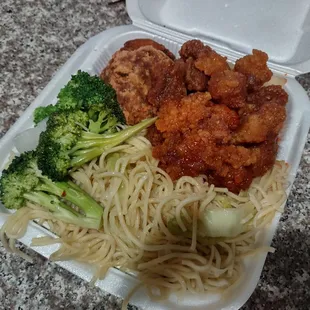 The same combo I used to get when I was a kid.  The Chow Mein, Broccoli, Egg Foo Young, and Sweet and Sour Pork.  And lots of it!