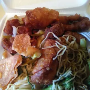 Take out lunch sweet sour pork &amp; orange chicken love the chow Noddles with broccoli