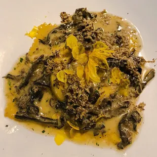 NYE 2021 Dinner Menu: wild mushroom raviolo with shaved truffle