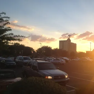 a parking lot at sunset