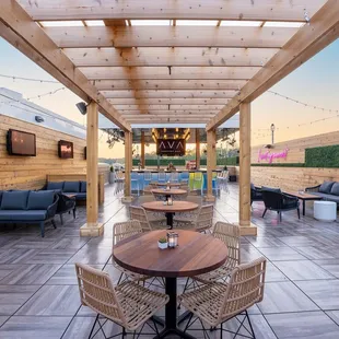 Outdoor rooftop bar at sunrise