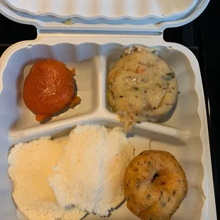 weekend breakfast plate ( idli, vada, upma, kesar)