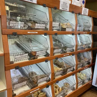 Selection of bagels.  Currently you can&apos;t self serve but it&apos;s nice to see the selection.