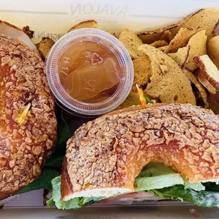Cheese bagel, turkey bacon avocado sandwich so good!! The bagel chips are the best and the apple treat yum