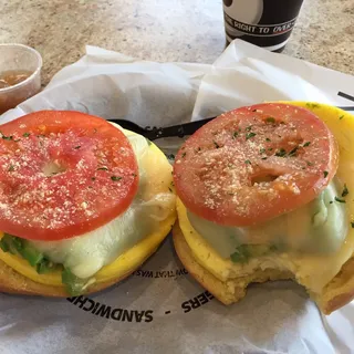 Egg, Jack, Avocado & Tomato Melt on Egg Bagel