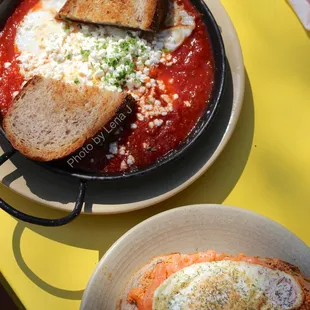 Shakshuka ($15) and Smoked Salmon Toast ($14)