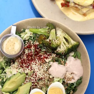 Brassica Bowl ($13) - kale w/ shaved brussels sprouts, broccoli, avocado, egg, various seeds, hummus