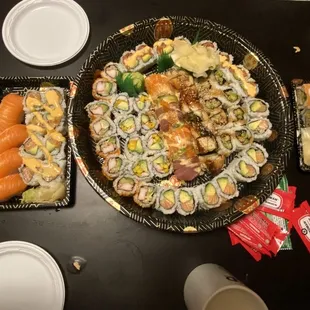 a variety of sushi dishes