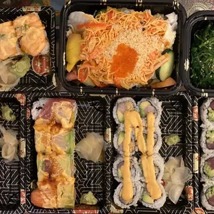 Spicy Baked Salmon, Spicy Seafood Salad, Seaweed Salad, Spicy Red Dragon, Spicy Rainbow, Spicy Yellowtail avocado, Tuna avocado cucumber