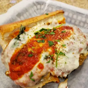 6 in. Eggplant parmigiana. Bread was toasted nicely but the eggplant was way too mushy. Probably premade at some point and reheated.