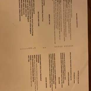 Cocktail Beer and wine menu