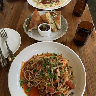 Seafood puttanesca, pappardelle meatball