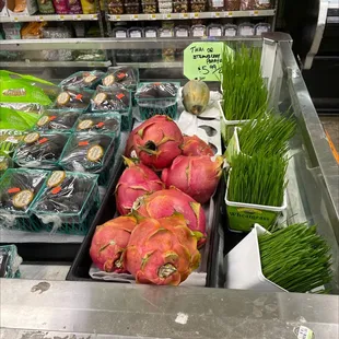 Dragon fruit, wheatgrass and figs - beautiful selection