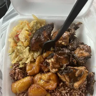 BBQ Jerk chicken, veggies Rice and Beans