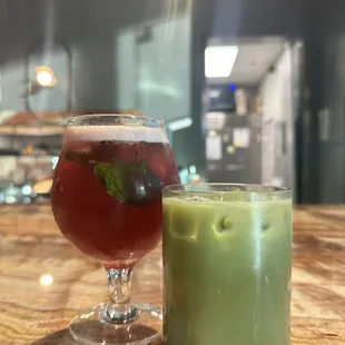 Matcha latte and hibiscus mint mock tail