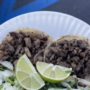 Carne Asada tacos, $2/each. They take cash or credit card now.