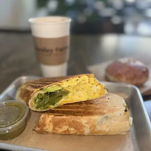 Veggie Breaky Burrito, Latte, Donut