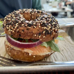 Smoked salmon on an everything bagel