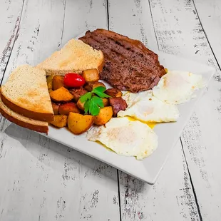 Steak &amp; Egg Plate: 3 eggs any style, Steak, Home Fries and Toast