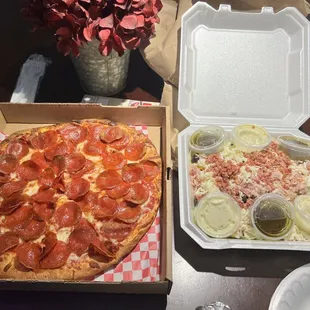 Pepperoni pizza with chef salad