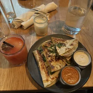Veggie quesadillas and frozen strawberry Margarita