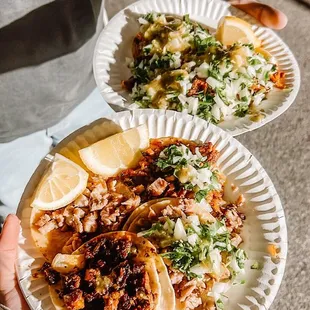 a person holding two plates of tacos