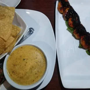 Queso with chips and their Firecracker Shrimp