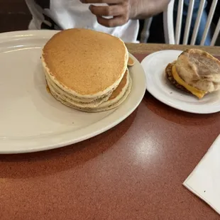 Pancakes and egg and cheese