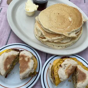 Pancakes, Sausage, Egg &amp; American Cheese Sandwich, and Goetta, Egg &amp; American Cheese Sandwich