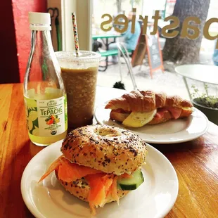 Smoked salmon sandwich, croissant sandwich &amp; frozen coffee.