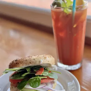 Vegan bagel sandwich and Bloody Mary