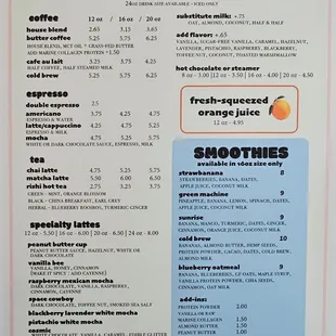 Beverage menu as of 1/25/2025