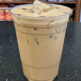 Fresh brewed caramel sea salt iced coffee