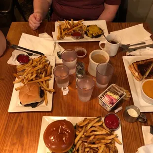 Grilled chicken sandwich, black &amp; bleu special burger, and Barbecue burger (no bun) and grilled cheese with Tomato Basil soup!