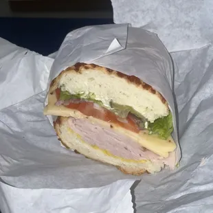 Oven roasted turkey with everything on I think a Dutch roll