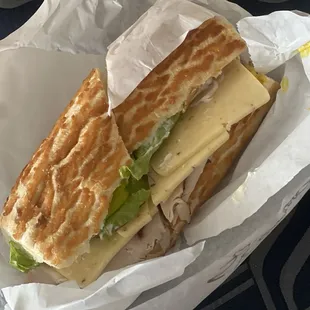 Oven roasted turkey with no tomato and pepper jack cheese on a Dutch roll