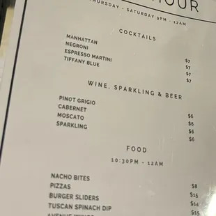 Social Hour Menu