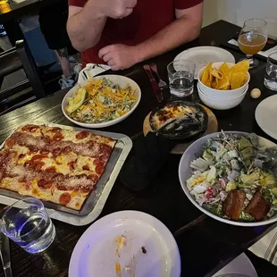 Large reg pepperoni pizza, southwest salad, Cobb salad, queso skillet app - all fantastic