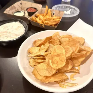 Togarashi Fries, onion dip, chips