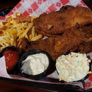 Fish and chips with slaw