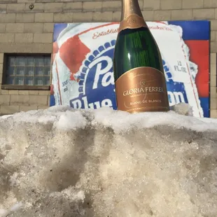 a bottle of champagne in the snow