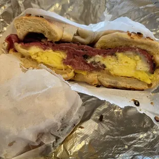 Pastrami and Eggs on an onion bagel, eggs cooked soft like I ordered. So good!!