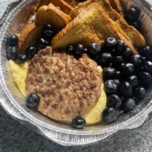 Blueberry French Toast with sausage and eggs. Perfectly cooked. Just amazing!!