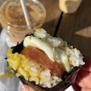 Spam musubi over easy egg